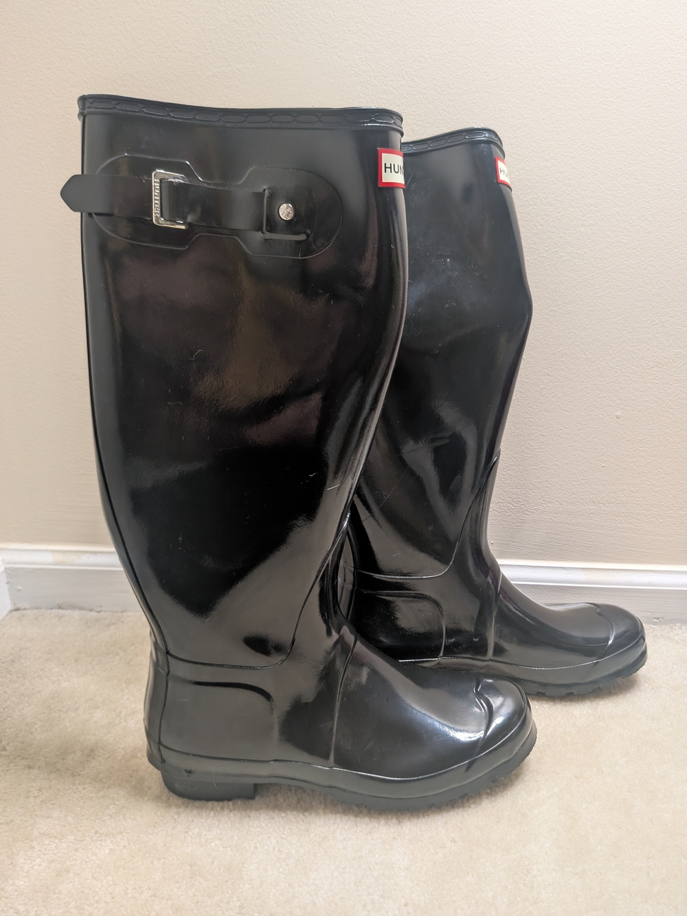 Hunter Black Gloss Tall Rain Boots with Logo Trim - Picture 10 of 16